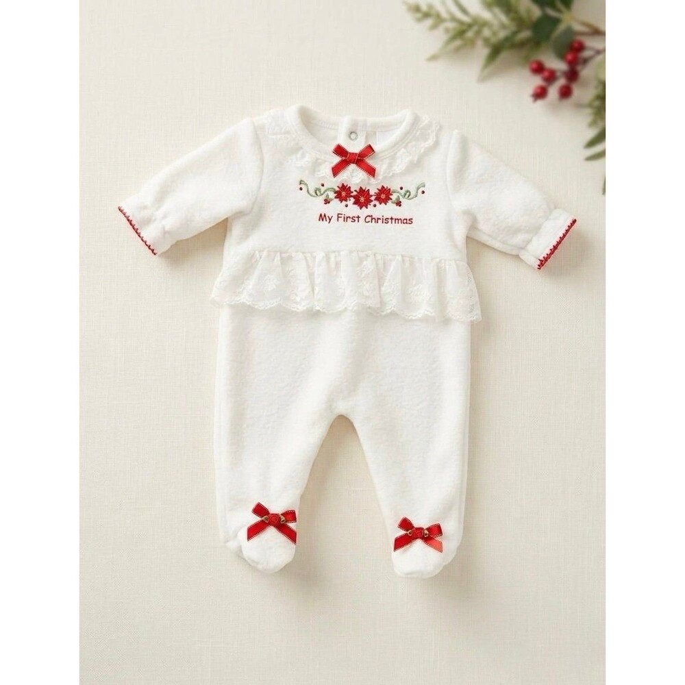 Vintage My First Christmas Preemie Sleeper Lace Ruffle Bows White Red Footie